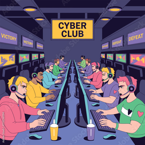 Diverse group of young men playing video games in a brightly lit cyber club gamers