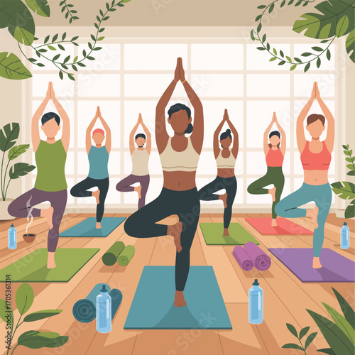 Diverse people in yoga class practicing tree pose with plants and water bottles Keywords: yoga