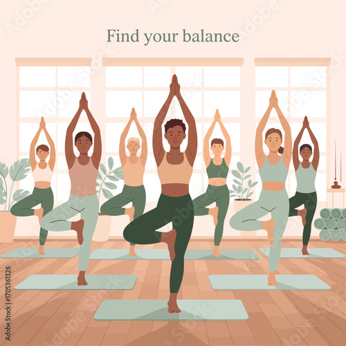 Diverse people find balance in yoga class with tree pose and uplifting text Keywords: yoga