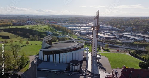 Aerial view of the Sanctuary of Divine Mercy in Kraków-Łagiewniki, Poland, an important Catholic pilgrimage site dedicated to Saint Faustina Kowalska.