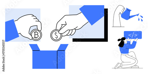 Hands depositing dollar and bitcoin coins into a box, person coding at a screen, and watering a budding plant. Ideal for finance, investment, technology, growth, teamwork, creativity simple landing