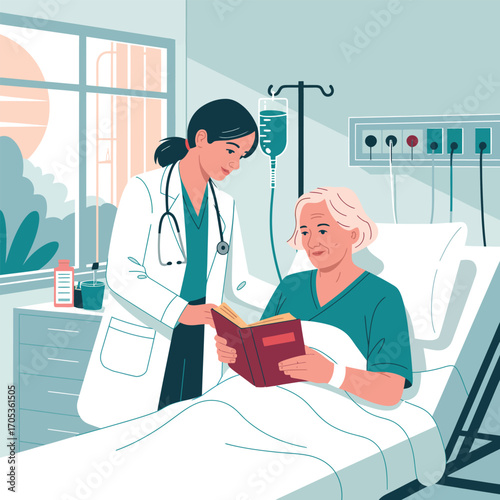 Doctor reading a book to an elderly patient in a hospital room vector illustration