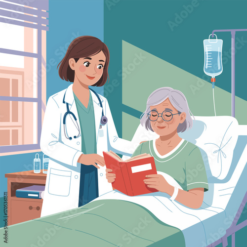 Doctor reading a book to an elderly patient in a hospital room vector illustration