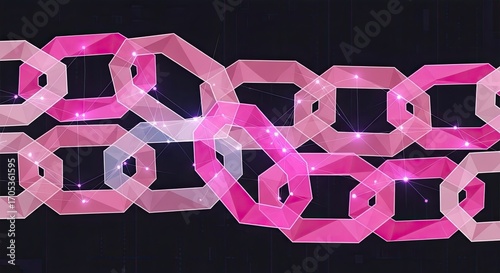 Pink translucent chain link design on black background.