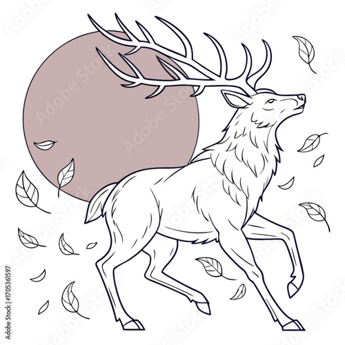 Minimilist illustration of a majestic stag with large antlers prancing in front of a full moon with falling leaves vector