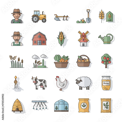 Vibrant farm icons depict agriculture, harvest, and rural life for modern design projects
