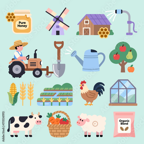 Charming farm life icons depict healthy agriculture, fresh produce, and animal husbandry in a vibrant collection.
