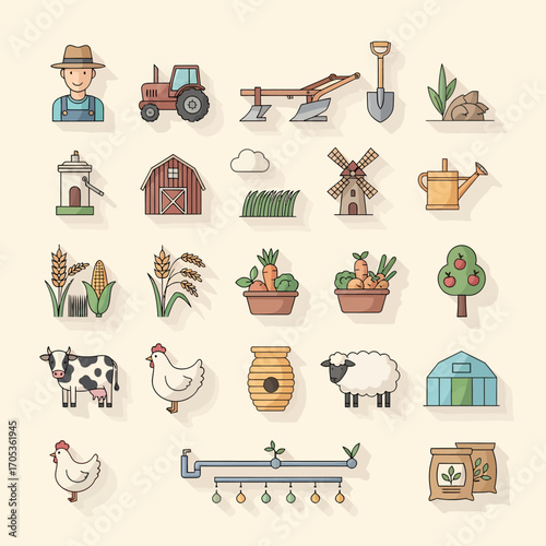 Vibrant farm icons depict farmer, tractor, crops, animals, and rural life for agricultural themes
