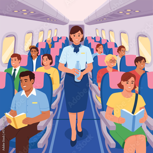 Flight attendant walking down airplane aisle serving passengers reading books Keywords: airplane