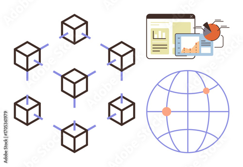 Connected blocks forming blockchain, data analytics dashboard with charts, global sphere highlighting connections. Ideal for technology, cryptocurrency, decentralization, finances, data analysis