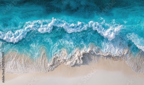 High-angle view of turquoise waves crashing on a sandy beach