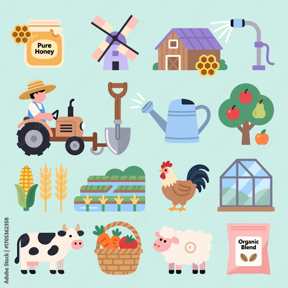 Fototapeta premium Charming farm icons depict agriculture, harvest, and idyllic rural life with vibrant colors 
