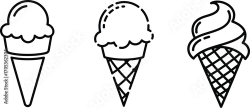 Three ice cream cones in a simple line art style