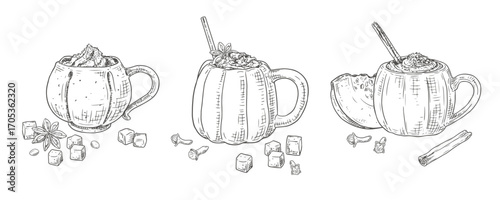 Hand drawn pumpkin spice latte in a pumpkin mug. Set sketches with a pumpkin mug, slice of pumpkin, cream, cinnamon stick, star anise, caramel. Vector illustration isolated on white background.