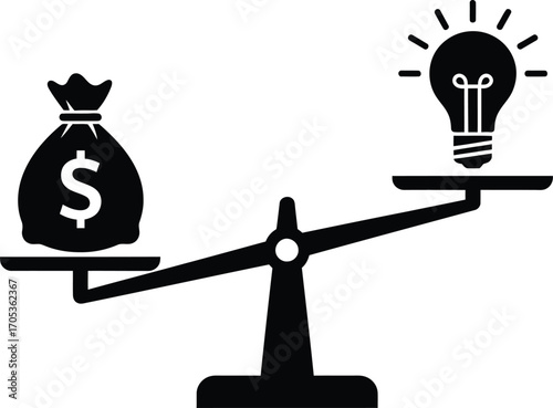 Value on Scales Money Bag vs Light Bulb Silhouette Vector
