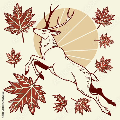 Minimilist illustration of a leaping deer surrounded by autumn maple leaves with a circular background design vector