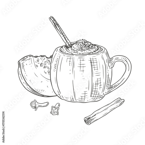 Pumpkin spice latte with cream and cinnamon stick, in a pumpkin shaped mug.