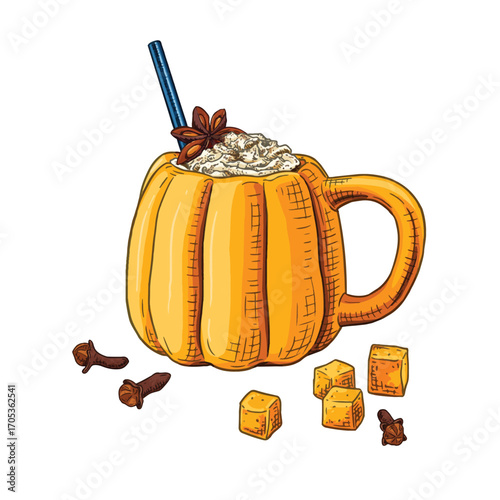 Pumpkin spice latte with straw in a pumpkin mug