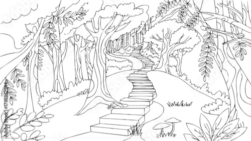 Forest trail illustration with stone staircase winding through trees line art drawing for coloring book and t shirt design