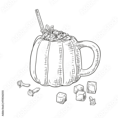 Pumpkin spice latte with straw in a pumpkin mug.