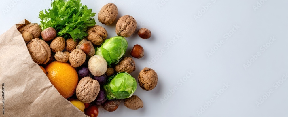 Obraz premium Brown paper bag overflowing with assorted nuts, fruits, and vegetables