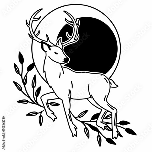 Minimilist elegant deer with antlers standing in front of a dark moon surrounded by foliage in a line art style vector