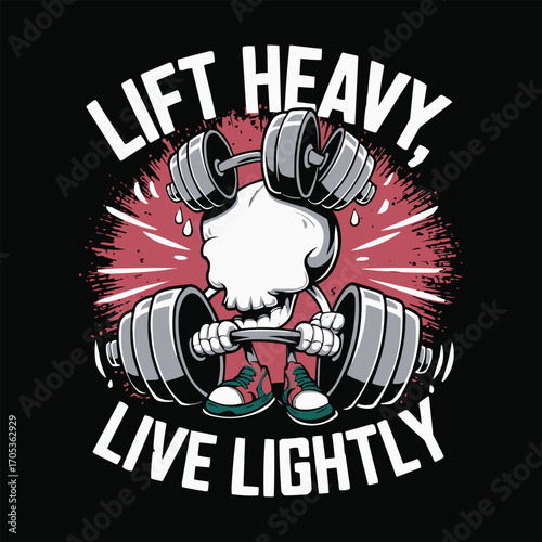 Lift heavy live lightly skull weightlifting cartoon illustration for gym motivation and t shirt design
