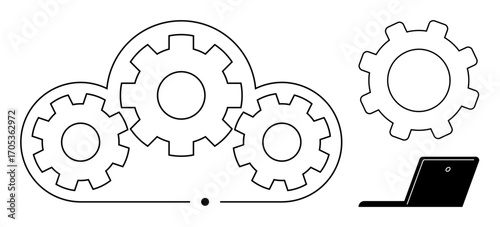 Cloud outline filled with interlocking gears, separate gear, and laptop. Ideal for technology, cloud computing, engineering, innovation, teamwork automation collaboration. Simple flat metaphor