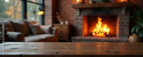 Empty desk, blurred cozy fireplace background, interior design, fire