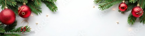 Festive white header with fir branches, big red percentage baubles , texture, background, photography
