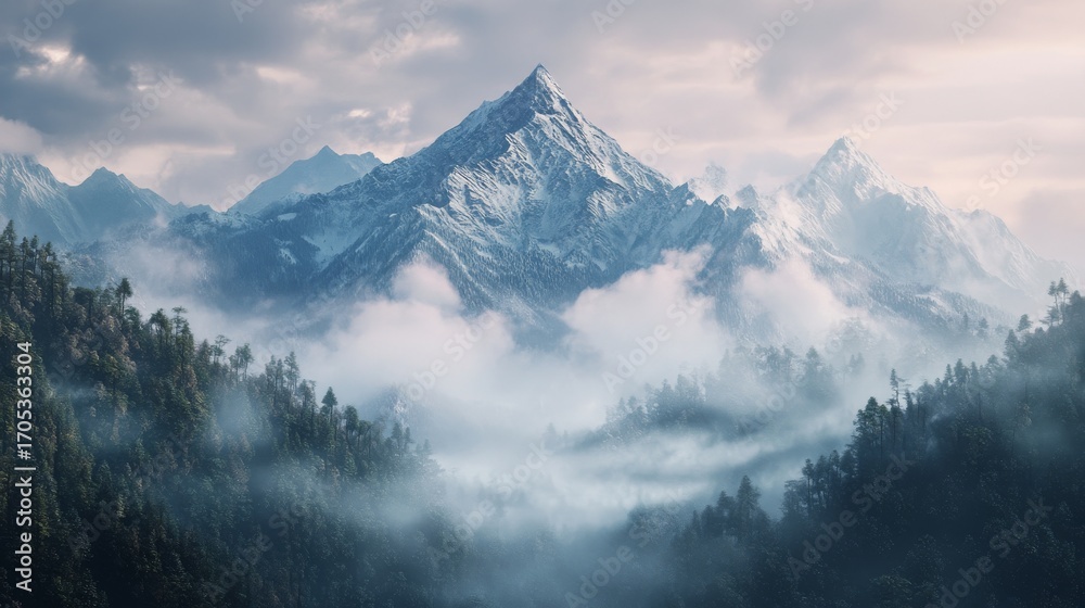 Obraz premium A majestic snow-capped mountain peak rises above a misty, forested valley. The clouds swirl around the peak, creating a sense of mystery and wonder.