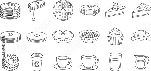 Breakfast food icons set of outline vector illustration of pancakes, waffle, pie, donut, and coffee