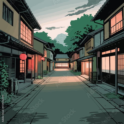 Japanese street with traditional houses and lanterns at twilight architecture