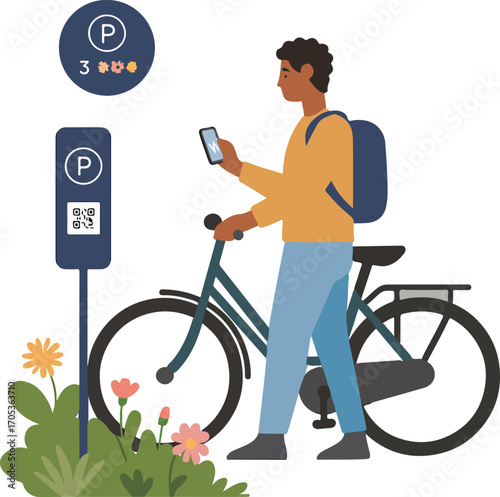 Commuter at a micro-parking lot that doubles as a pollinator strip scanning available spots Illustration