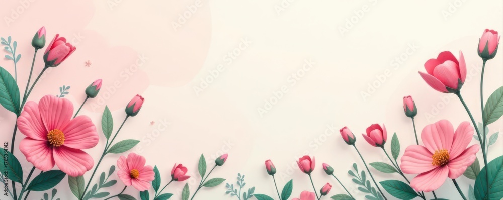Fototapeta premium Simple summer floral design elements Clean lines, pastel flowers, nature background , delicate, decoration