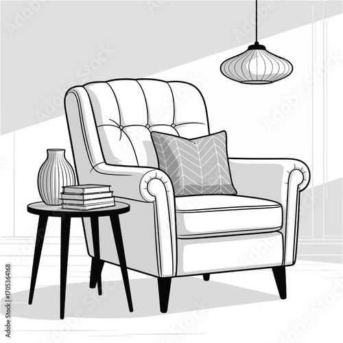 Line art illustration of a white armchair with a side table and pendant light furniture