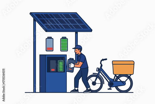 Courier swapping swappable cargo-bike batteries at an under-canopy micro-hub Illustration