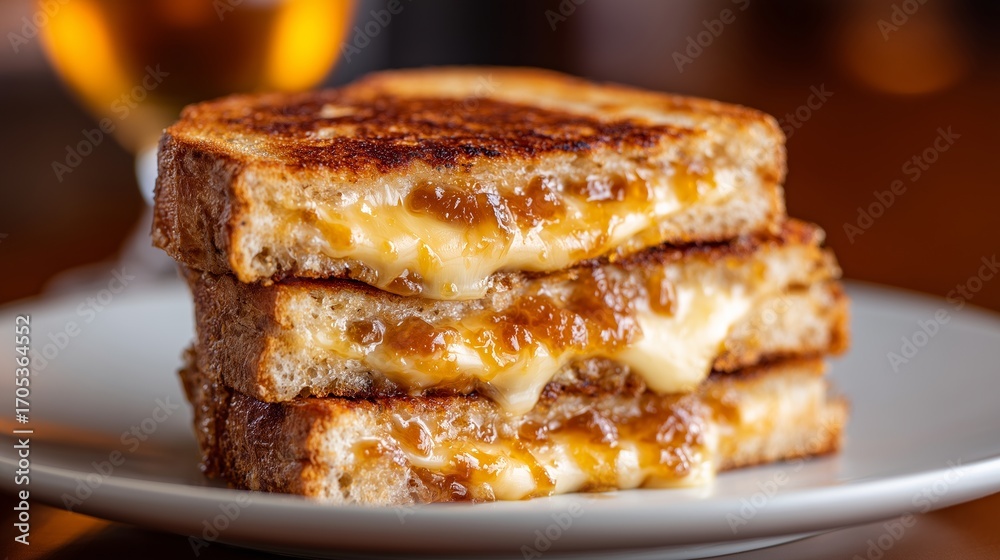 Grilled cheese sandwich with cheddar and caramelized onion chutney on rustic pub table Grilled cheese sandwich with cheddar and caramelized onion chutney on rustic pub table