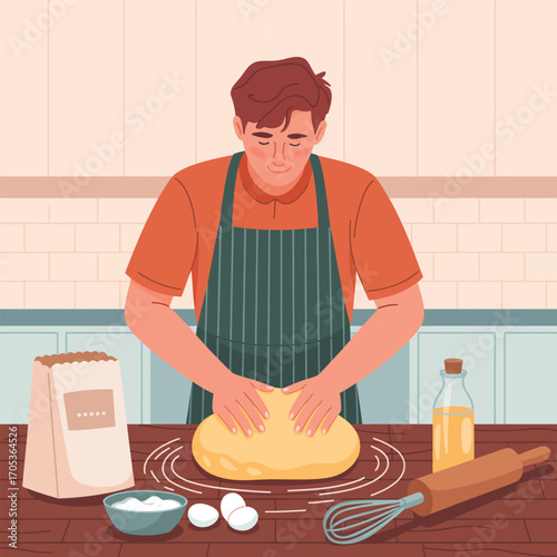Man kneading dough in a kitchen with baking ingredients and utensils vector illustration
