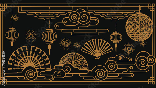 Traditional Asian festival decorative line art with lanterns, fans, clouds, and geometric ornaments for textile and t shirt design