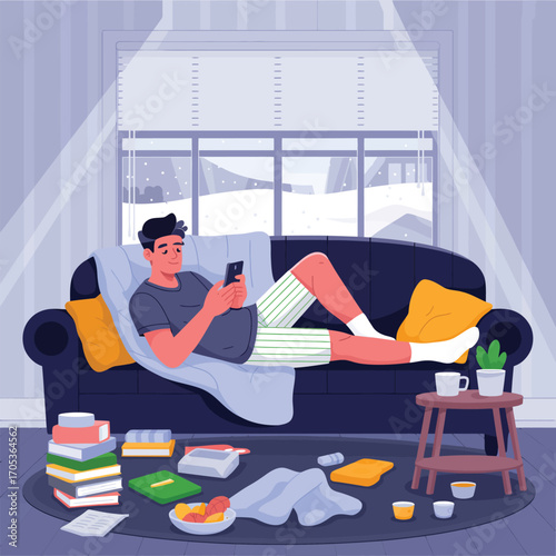 Man relaxing on couch using smartphone with books and snacks scattered around sofa
