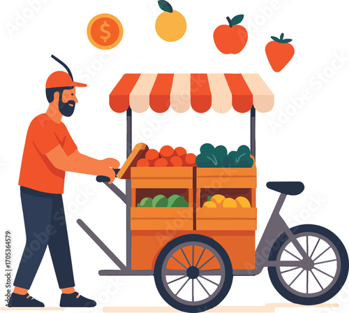 Cyclist docking a collapsible cargo-bike and switching it into a pop-up produce stall Illustration