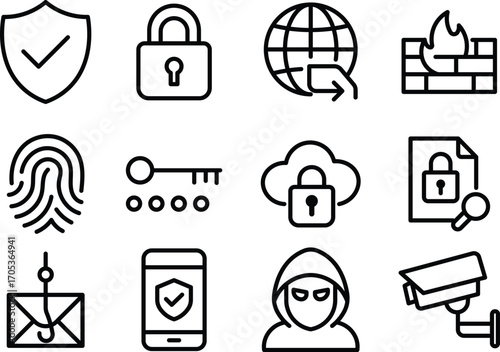 Cybersecurity and Data Protection Vector Icon Set – Privacy, Encryption, VPN, Firewall, Secure Technology