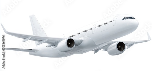 White passenger jet in flight against a white background.  Modern, sleek commercial aircraft