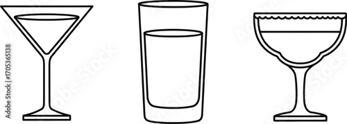 Three different types of glasses martini, highball, and coupe glass in a simple black outline