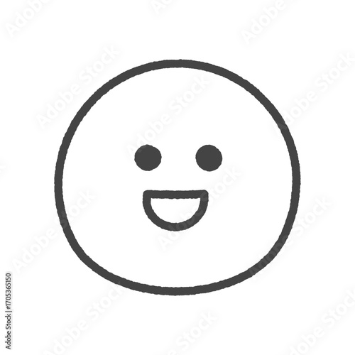 口を開けて笑っている顔の手書きの黒い線画の絵文字 - シンプルでかわいい笑顔やいいねのイメージ素材