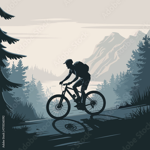 Mountain biker silhouette on a road with pine trees and hazy mountains mountain biking