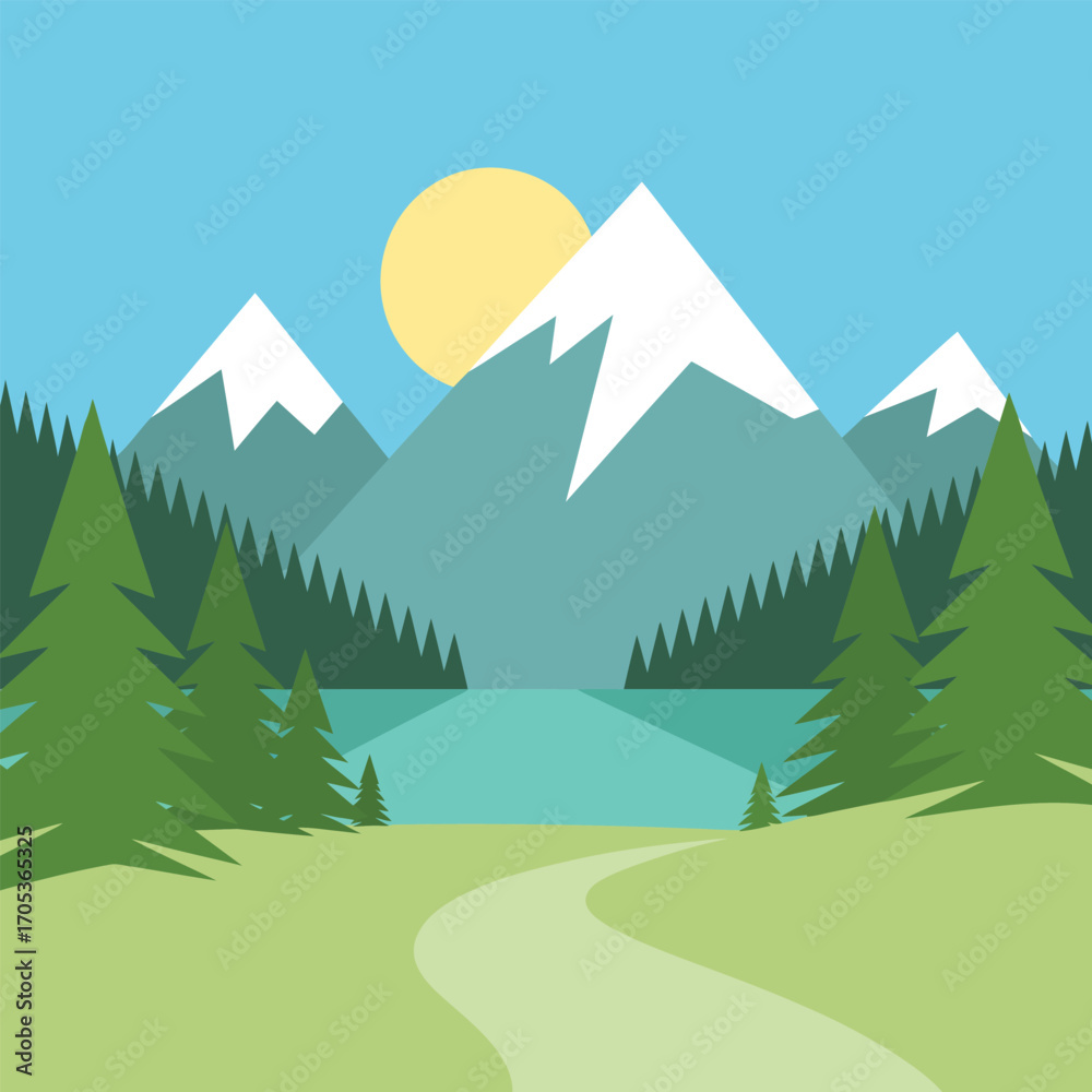 Fototapeta premium Mountain lake landscape with pine trees and a winding path Keywords: landscape, mountains, lake