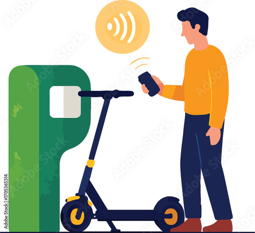 E scooter rider unlocking at a moss-paneled docking pod via contactless app Illustration