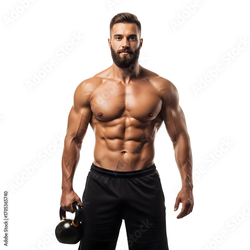 Fit Bearded Man Workout Athlete Kettlebell Gym Strength Training Fitness on transparent background